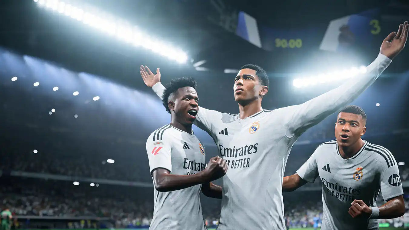 Soccer players celebrating a goal.